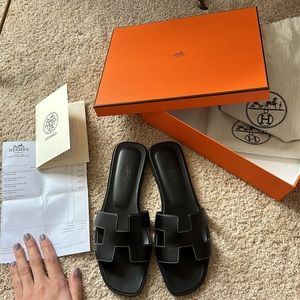 Hermes Oran Sandals in Noir Black